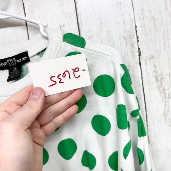 One Step Up Top Women Size Large White Green Polka Dot Crewneck Short Sleeve Tee - Picture 4 of 6